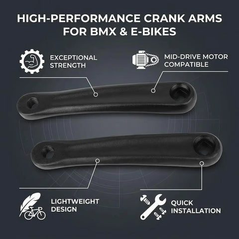 Two high-performance crank arms for BMX & e-bikes, mid-drive motor compatible, exceptional strength, black alloy design.