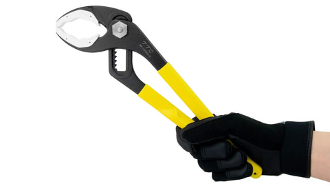 Person holding Water Pump Pliers With Soft Resin Jaws And Built In Spring 12 Inch Adjustable Pliers For 22 To 70 Millimeter External Diameter