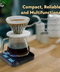 Precision Coffee Scale With Timer For Espresso And Pour Over in use with glass carafe and LED display on kitchen counter.