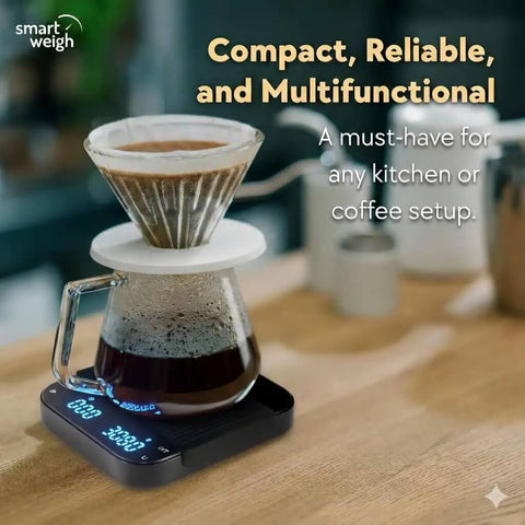 Precision Coffee Scale With Timer For Espresso And Pour Over in use with glass carafe and LED display on kitchen counter.