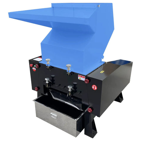 Industrial Grade Plastic Shredder And Grinder Crusher For Bottles Barrels Wood And Nylon, Heavy Duty, front view, blue hopper