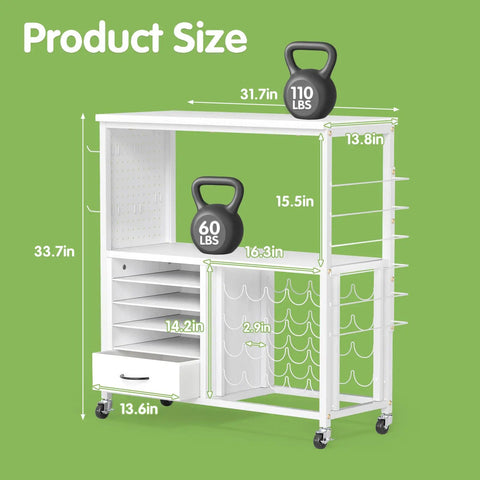Side view of Cricut Compatible Craft Storage Cart With Vinyl Roll Holder And Drawers showing dimensions and weight capacity.