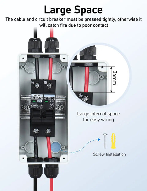 Pro Grade Solar Panel Disconnect Switch And 10 Amp DC 1000V RV Circuit Breaker Box With IP66 Weather Seal for easy wiring access.