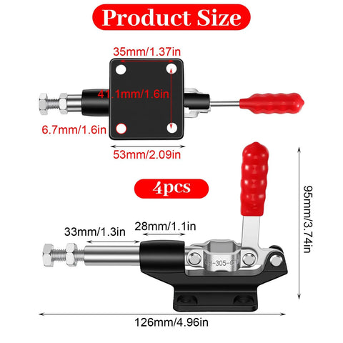 4 Pack Push Pull Toggle Clamps Delivering Badass 500 Lb Holding Power With Quick Release Stroke Action Heavy Duty Professional Grade For Woodworking And Welding Projects, various sizes and dimensions shown.