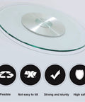 Big 30 Inch Clear Glass Lazy Susan Turntable with aluminum core, showing flexibility, sturdiness, and safety icons below.