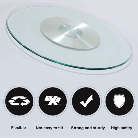 Big 30 Inch Clear Glass Lazy Susan Turntable with aluminum core, showing flexibility, sturdiness, and safety icons below.