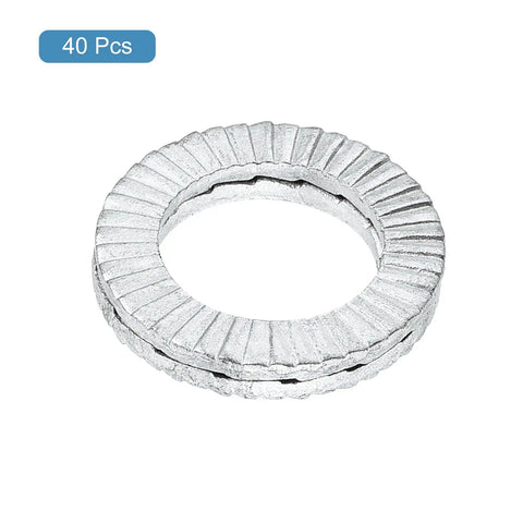 Tough As Nails 40 Pack Wedge Locking Washers For 3/8 Inch Bolts Heavy Duty Manganese Steel Fasteners, silver steel washer close-up.