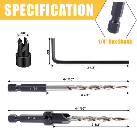 Wood Countersink Drill Bit Set With Quick Change Shank Nine Piece Kit Including Five Number Eight Countersink Bits Two Eleven Sixty Fourths Inch Tapered Drills Stop Collar And Hex Wrench Great For Pilot Holes In Wood, showing hex shank and drill dimensions