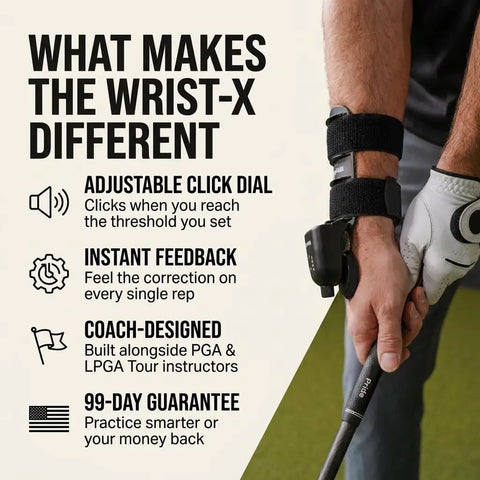 Person using Wrist-X Golf Swing Training Aid With Audible Click Feedback, Adjustable 0 To 70 Degrees on wrist, text on benefits