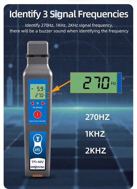 TFI-40V optical fiber identifier with VFL LED; handheld gray device with blue panel, Orientek label, displaying 270 Hz.