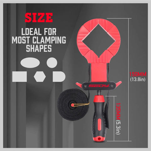 Image of 13 Ft Belt Band Clamp For Woodworking Quick Release Frame Clamp with red 90-degree corner pieces shown with dimensions.