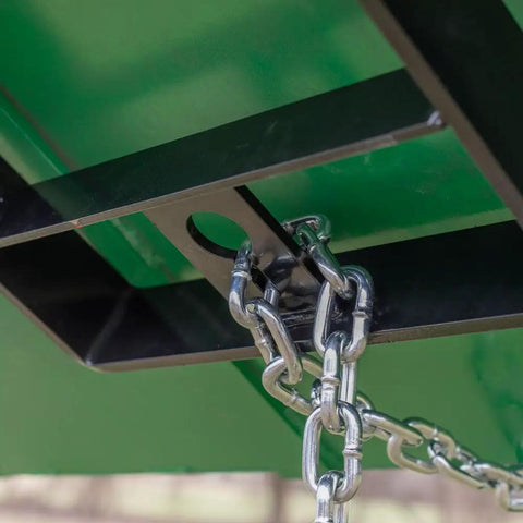 Close-up of chain connection on Hay Bale Spear Frame Attachment For Universal Front Loader Buckets Heavy Duty Skid Steer Loader