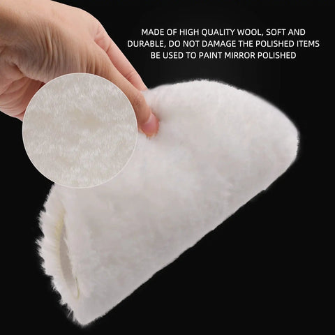 Close-up of white wool pad from Waffle Foam Buffing Pads 6 Inch Kit 7 Pcs For Car Polisher DA RO GA Backing Plate Compatibility.