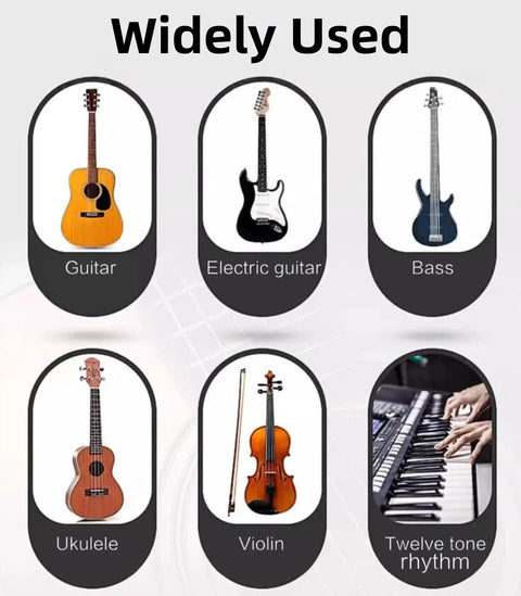 Pocket Sized All In One Portable Digital Metronome Tuner With Tone Generator For Every Instrument, showing guitar and violin usage.