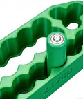 Slick Heavy Duty Spot Welding Jig For 18650 And 21700 Battery Packs in green, securely holding a 21700 cell with safe grip.