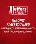 Jeffers Equine advertisement on red background promoting horse health products and tack.
