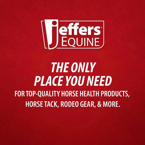 Jeffers Equine advertisement on red background promoting horse health products and tack.