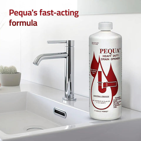 Heavy Duty Drain Opener, Industrial Strength Clog Remover, 32 Oz bottle beside a modern sink faucet in a white bathroom.