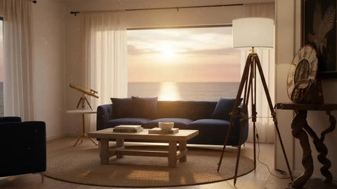 Vintage Tripod Floor Lamp With Nautical Vibe And Dope Rustic Industrial Finish In Steel Aluminum And Brown Wood Antique Brass Accent Shade Not Included Perfect For Living Room Decor Or Gift