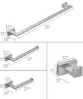 Illustration showing dimensions of Dope Matte Black Wall Mounted Bathroom Accessories Set including towel bar, hand towel holder, toilet paper holder, and robe hook.