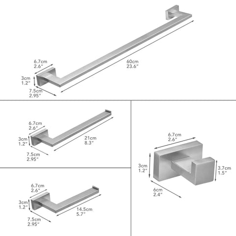 Illustration showing dimensions of Dope Matte Black Wall Mounted Bathroom Accessories Set including towel bar, hand towel holder, toilet paper holder, and robe hook.