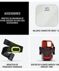 Descent G2 Watch Style Dive Computer With Bright AMOLED Display And Sapphire Lens accessories including scale, heart rate monitor, and dive case.