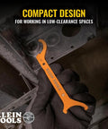 Using Conduit Locknut Wrench in tight spot with compact alloy steel design and magnetic storage for conduit fittings