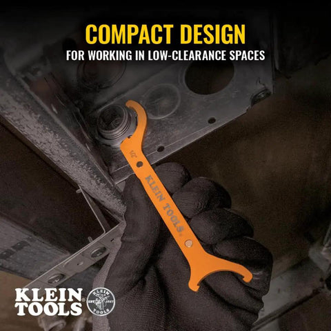Using Conduit Locknut Wrench in tight spot with compact alloy steel design and magnetic storage for conduit fittings