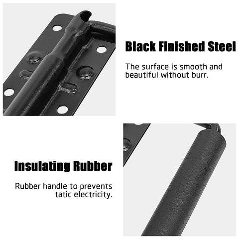 Close-up of premium stainless steel toolbox handles with black enamel finish and insulating rubber grip for wooden crates and battery boxes.
