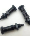 Three Heavy Duty Spring Plunger Knobs For Mechanical Devices With Carbon Steel Self Locking Action shown on a white background.