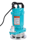 Rock Solid Half Horsepower Submersible Pump Forged From Durable Stainless Steel Featuring A Silently Running Motor And Standard US Plug For Easy Home Projects, showcasing the pump with a warning label.