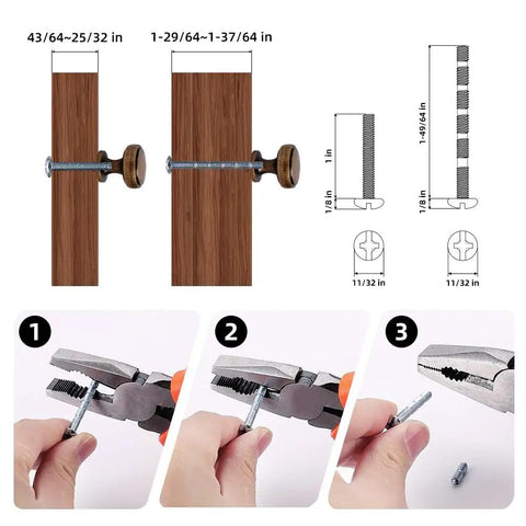 Round Knobs 1 Inch Solid Zinc Alloy Antique Brass Cabinet Handles, 4 Pack, installation and adjustment steps illustrated.