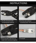 Super Cool 100 Pack SC25-4 Ring Lug Terminals Made From Real Tinned Copper For Your Battery Wires Crimp Or Solder With Ease And Zero Fuss On Any Heavy Duty Wire Setup instructions showing crimping pliers on ring terminal
