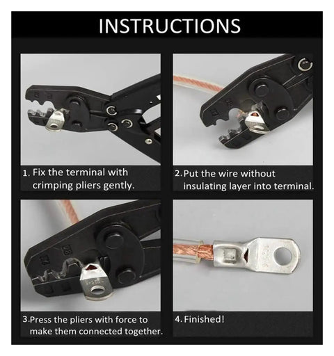 Super Cool 100 Pack SC25-4 Ring Lug Terminals Made From Real Tinned Copper For Your Battery Wires Crimp Or Solder With Ease And Zero Fuss On Any Heavy Duty Wire Setup instructions showing crimping pliers on ring terminal