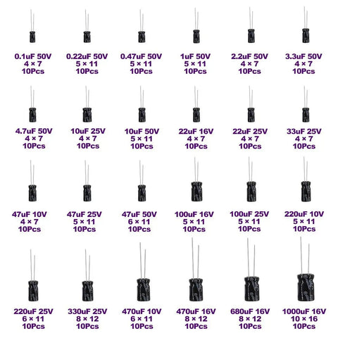 All In One Pro Grade 240Pcs 24 Kinds Electrolytic Capacitors Kit with various capacitance and voltage specs displayed in grid format
