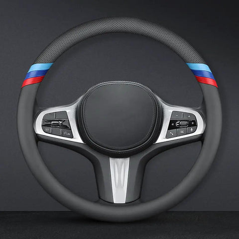 BMW Nappa Leather Steering Wheel Cover Slim Fit With Three Color Stripe Design, shown installed on a steering wheel.