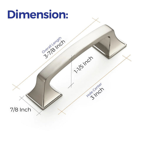 Dimensions of 30 Pack Solid 3 Inch Square Foot Arch Cabinet Pulls In Brushed Nickel Finish for Kitchen Cabinets and Drawers