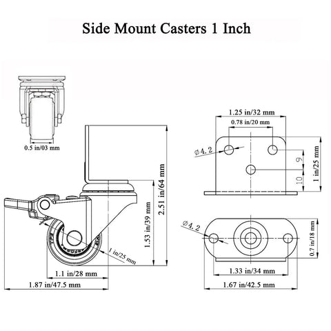 Technical diagram of One Inch L Shaped Plate Caster Wheels Set Of Four Heavy Duty Swivel Side Mount Casters With Two Brakes