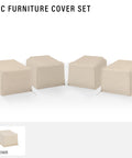Heavy-Duty Outdoor Chair Covers Four-Piece Set Waterproof Tan For Patio And Backyard All-Weather Protection Against Sun Rain Snow Dirt Sap And More To Keep Your Outdoor Furniture Looking Fresh And New, displayed on white background, highlighting tan material and universal fit.