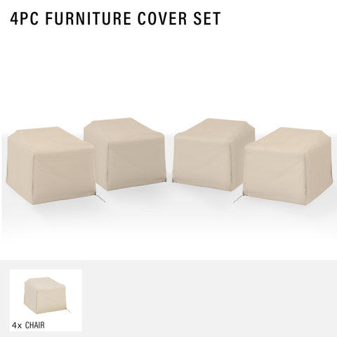 Heavy-Duty Outdoor Chair Covers Four-Piece Set Waterproof Tan For Patio And Backyard All-Weather Protection Against Sun Rain Snow Dirt Sap And More To Keep Your Outdoor Furniture Looking Fresh And New, displayed on white background, highlighting tan material and universal fit.