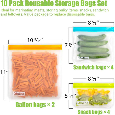 10 Pack Reusable Storage Bags BPA Free Freezer Bags Set Includes 2 Gallon Bags 4 Sandwich Bags 4 Thick Snack Bags Leakproof Food Grade PEVA Ideal For Food Prep Marinating Lunch Fruit Meat Cereal showing gallon bag with carrots, sandwich bag with cucumbers, and snack bag with mixed fruits.