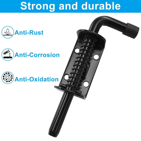 Top Shelf Premium Steel Heavy Duty 2 Pack 5 Inch Spring Loaded Barrel Bolt Latch Pin Black rust resistant outdoor security hardware.