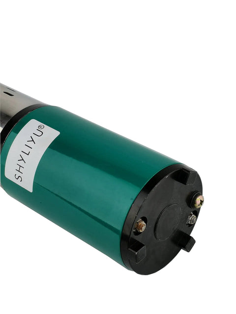 Close-up of Solar Powered Deep Well Submersible Pump 12V 200W Stainless 3 Inch Screw Pump, green casing