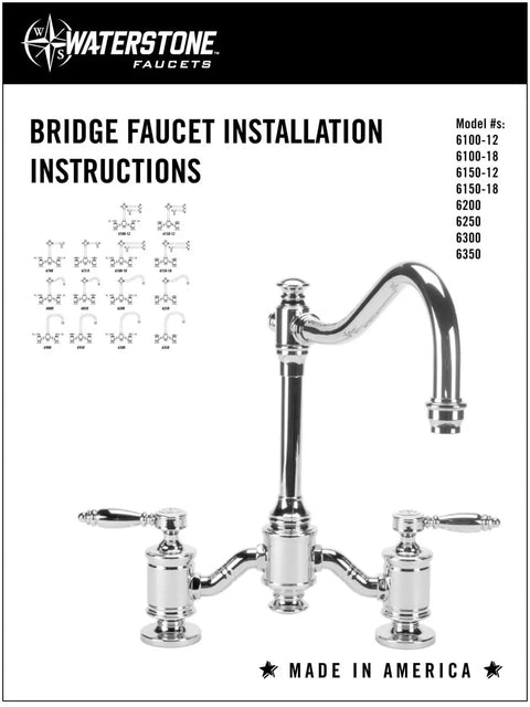 Top Shelf Kitchen Bridge Faucet With Snappy Cross Handles Solid Brass Build And Vintage Matte Antique Copper Finish, installation instructions displayed.