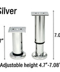 Adjustable Metal Furniture Legs 4 Pack 4.7 To 7.08 Inches Electroplated Silver Replacement Feet With Non Slip ABS Pads