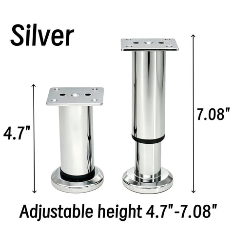 Adjustable Metal Furniture Legs 4 Pack 4.7 To 7.08 Inches Electroplated Silver Replacement Feet With Non Slip ABS Pads