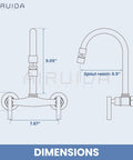 Dimensions diagram of Workhorse Wall Mount Kitchen Faucet With 8 Inch Centers, Double Handles, 360 Degree Swivel Spout, Brushed Nickel.