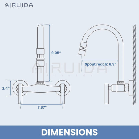 Dimensions diagram of Workhorse Wall Mount Kitchen Faucet With 8 Inch Centers, Double Handles, 360 Degree Swivel Spout, Brushed Nickel.