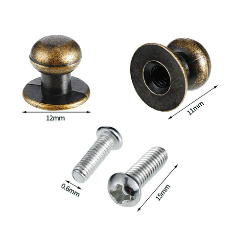 36 Piece Mini Round Head Knob Set Bronze Finish For Wood Drawers Cabinets With Screws Easy Install Old School Vintage Metal Pull Handles For Dressers Jewelry Boxes 0.47 By 0.43 Inch, showing detailed dimensions and screws included.