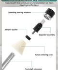 Punmew cam bearing removal tool set with expanding adapters, adapter washer, nylon centering cone, and shaft extension